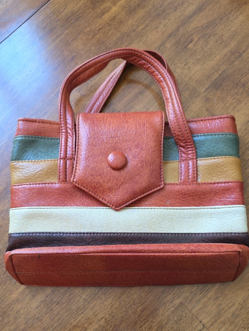 Vintage 1970s Vinyl Striped Multi-Color Tote - Rust, Cream, Green & Brown - Picture 1 of 12